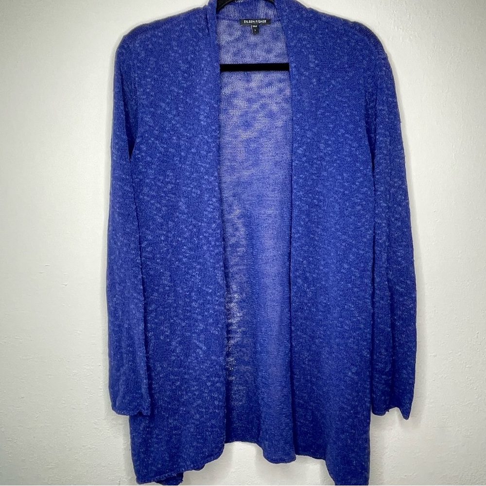 Eileen Fisher Melange Linen Blend Knit Cardigan Women L Blue Open Front Long